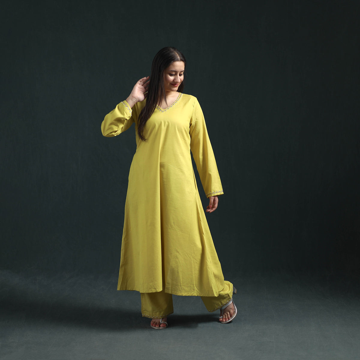 Yellow - plain banana fiber soft cotton bead work a-line kurta with palazzo set for women