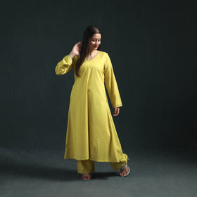Yellow - plain banana fiber soft cotton bead work a-line kurta with palazzo set for women