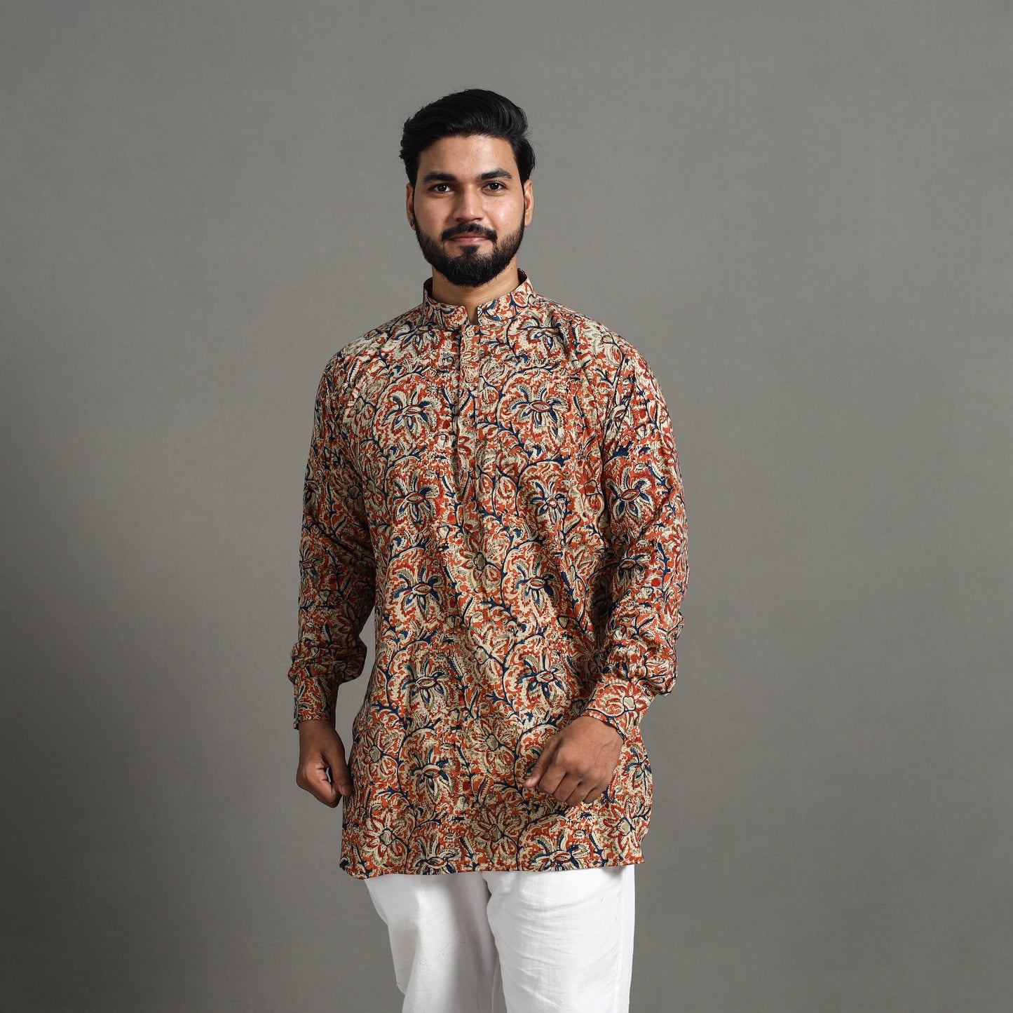 Kalamkari Block Printed Cotton Men Short Kurta 16