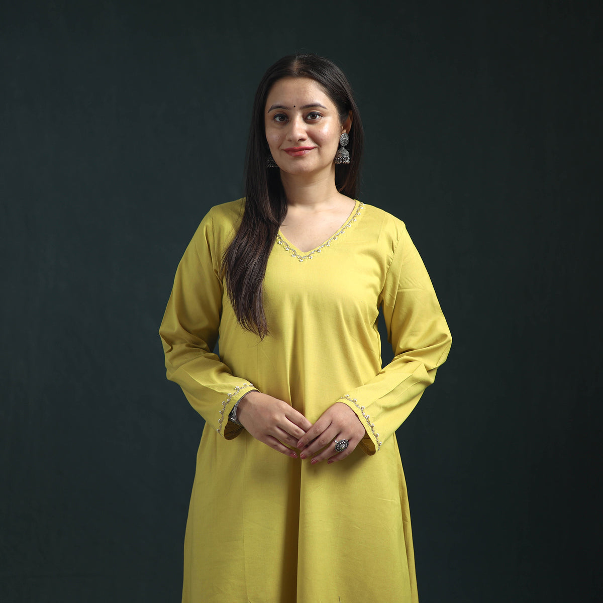 Yellow - plain banana fiber soft cotton bead work a-line kurta with palazzo set for women