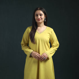 Yellow - plain banana fiber soft cotton bead work a-line kurta with palazzo set for women
