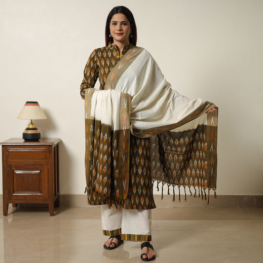 Brown - Pochampally Ikat Weave Cotton Kurta with Palazzo & Dupatta Set 08