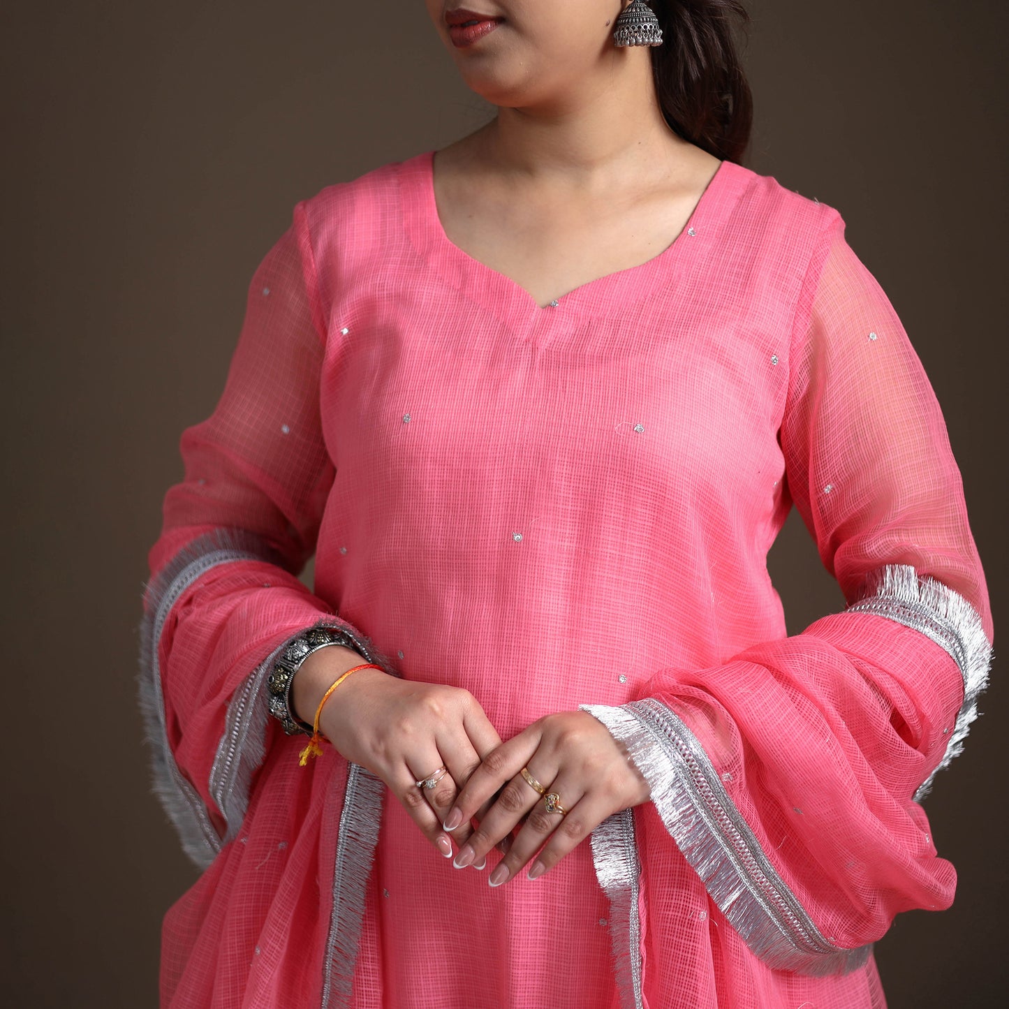 Sequin Work Plain Kota Doria Cotton Suit Set with Lace Work Dupatta for Women 06
