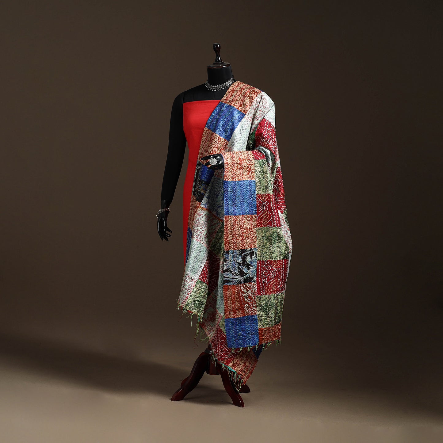 Multicolor - Bengal Hand Embroidery Patchwork Reversible Silk Kantha Dupatta 94