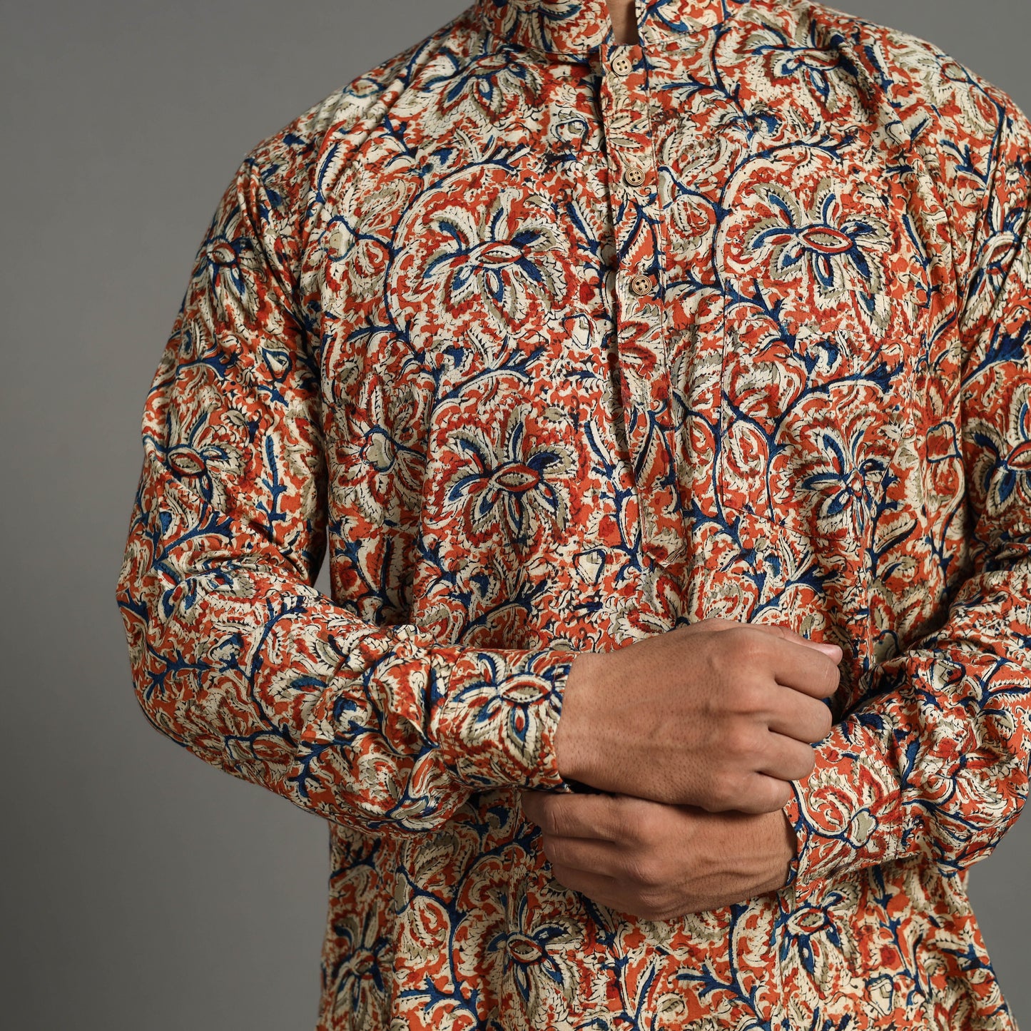 Kalamkari Block Printed Cotton Men Short Kurta 16