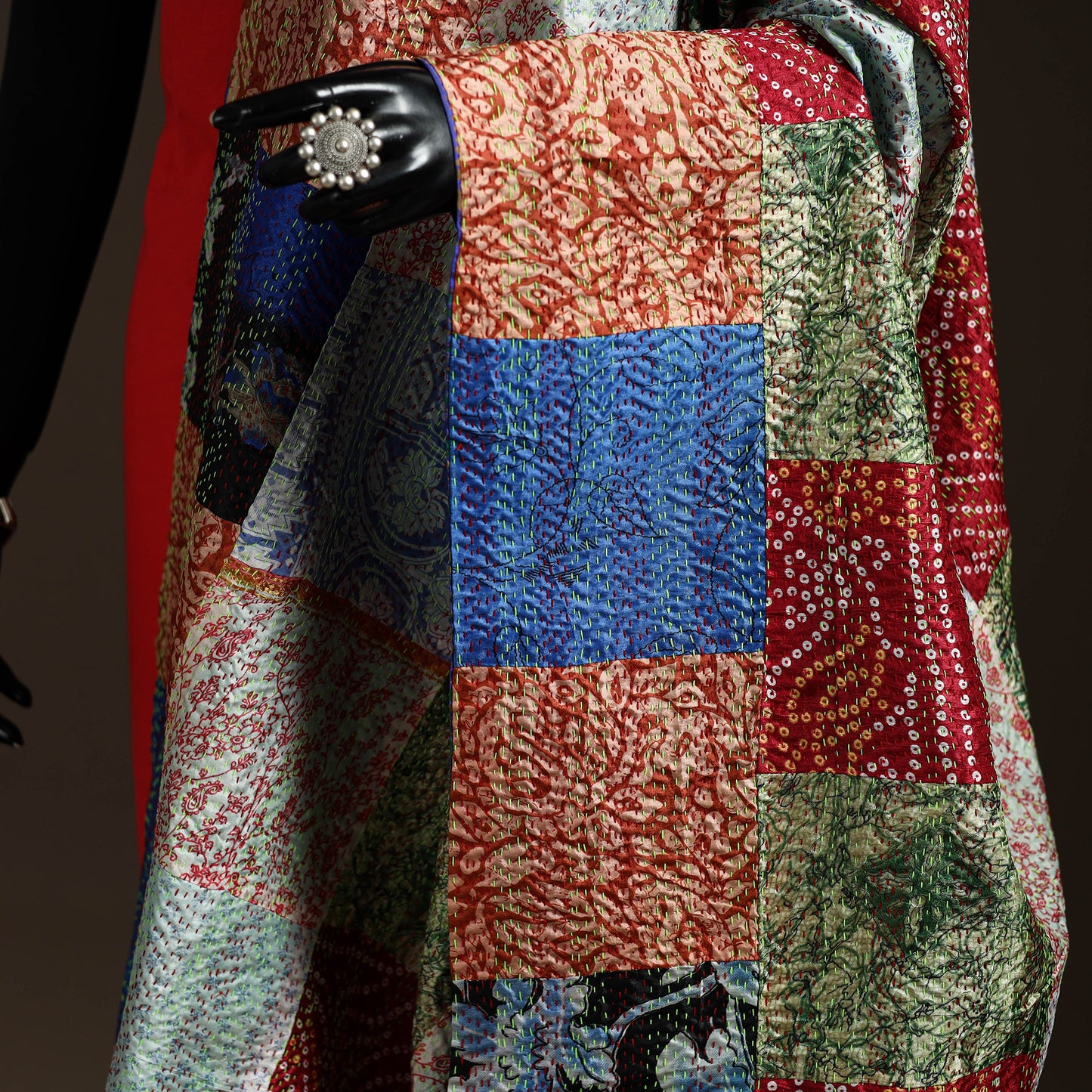 Multicolor - Bengal Hand Embroidery Patchwork Reversible Silk Kantha Dupatta 94