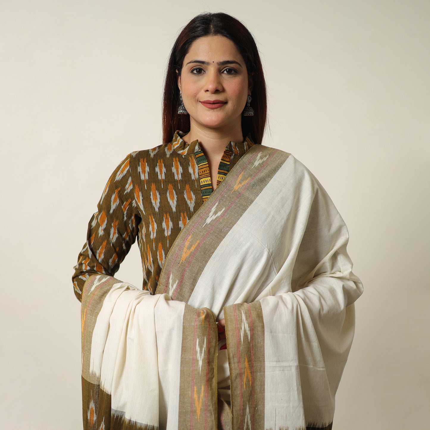 Brown - Pochampally Ikat Weave Cotton Kurta with Palazzo & Dupatta Set 08