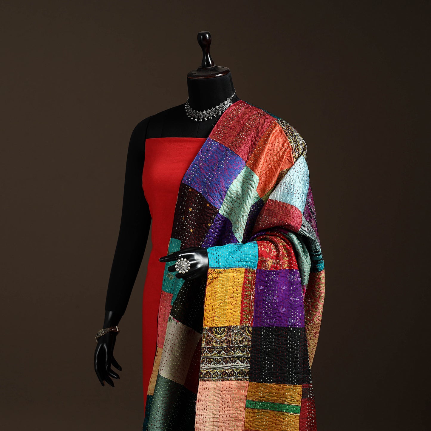 Bengal Hand Embroidery Patchwork Reversible Silk Kantha Dupatta 95