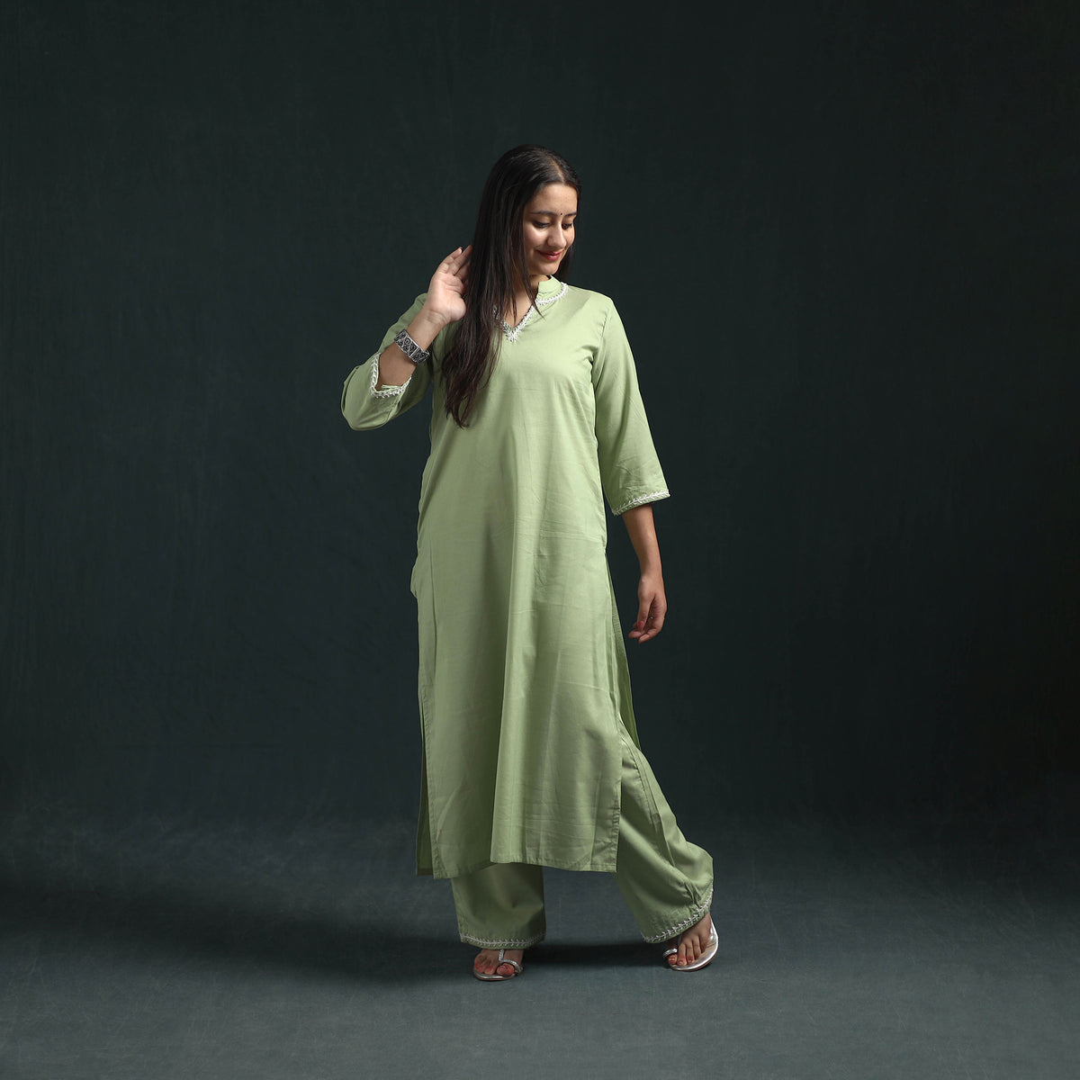 Green - plain banana fiber soft cotton bead work straight kurta with palazzo set for women