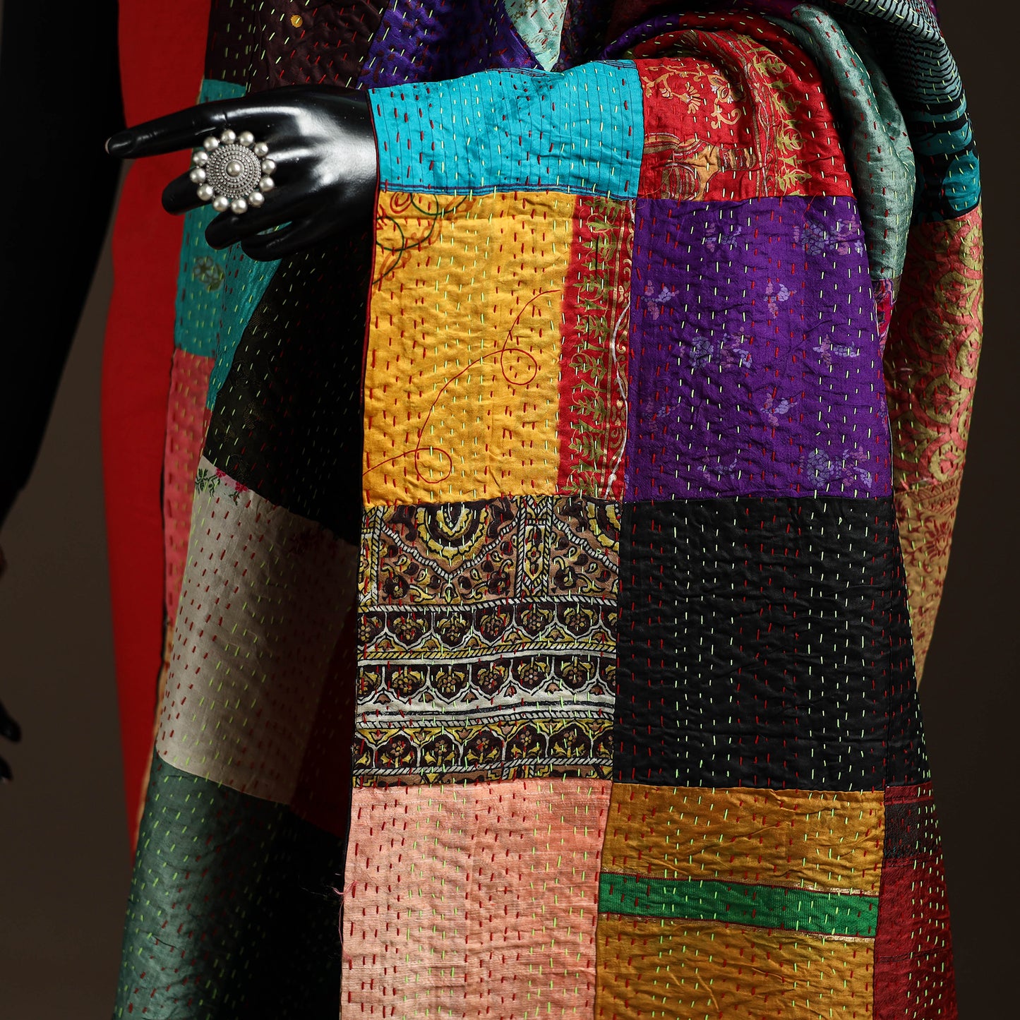 Bengal Hand Embroidery Patchwork Reversible Silk Kantha Dupatta 95