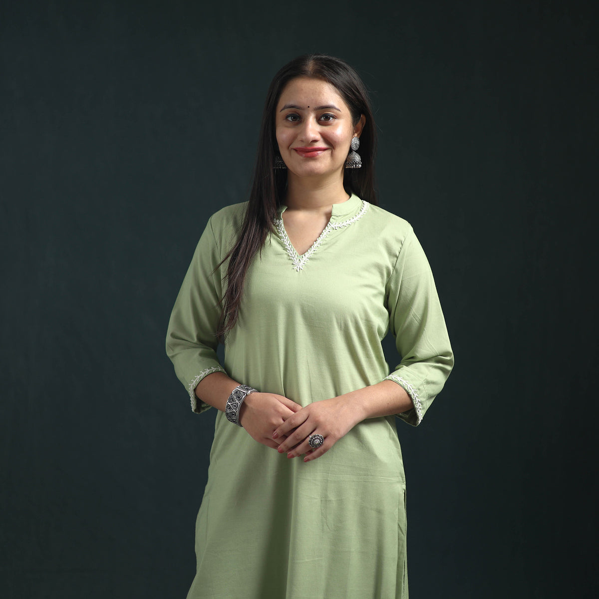 Green - plain banana fiber soft cotton bead work straight kurta with palazzo set for women