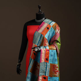 Multicolor - Bengal Hand Embroidery Patchwork Reversible Silk Kantha Dupatta 96