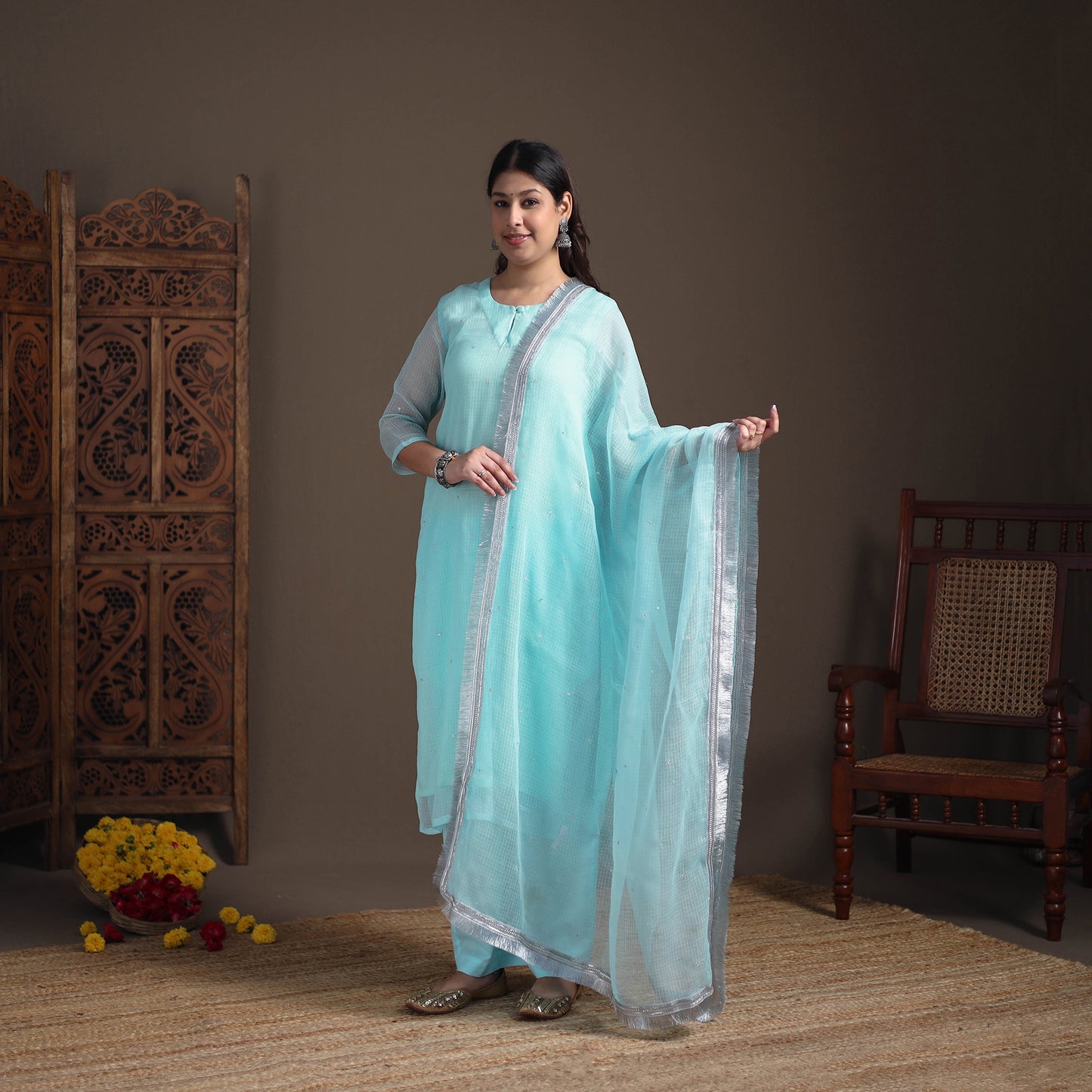 Sequin Work Plain Kota Doria Cotton Suit Set with Lace Work Dupatta for Women 19