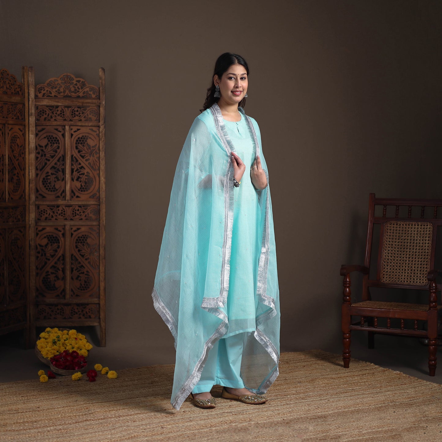 Sequin Work Plain Kota Doria Cotton Suit Set with Lace Work Dupatta for Women 19