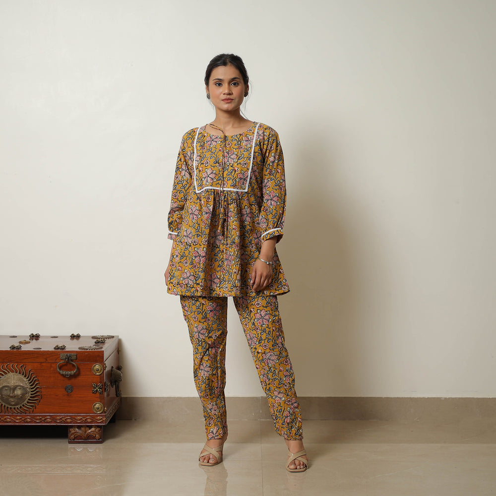 Yellow - Block Printed Cotton Bagru Co-Ord Set with Lace Work 15