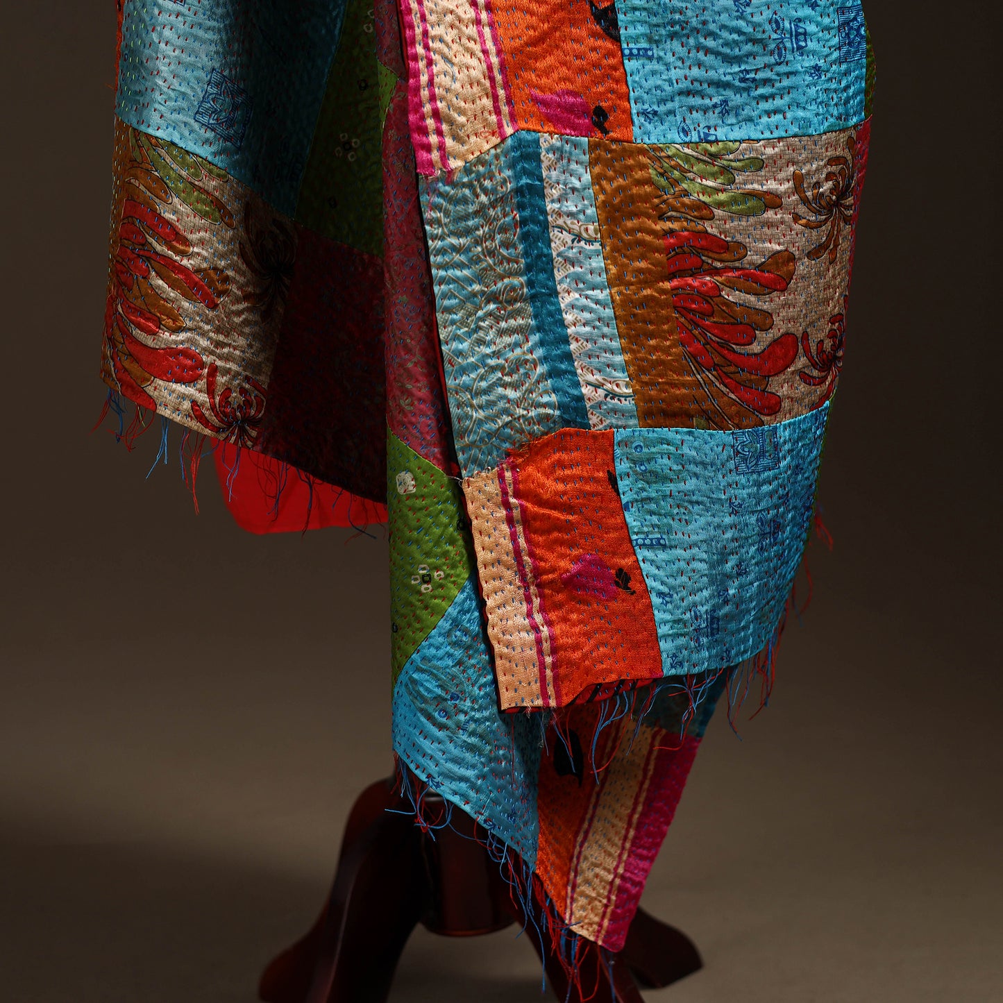 Multicolor - Bengal Hand Embroidery Patchwork Reversible Silk Kantha Dupatta 96