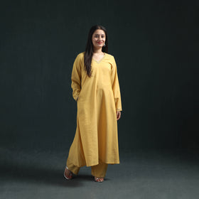 Yellow - plain banana fiber soft cotton bead work a-line kurta with palazzo set for women