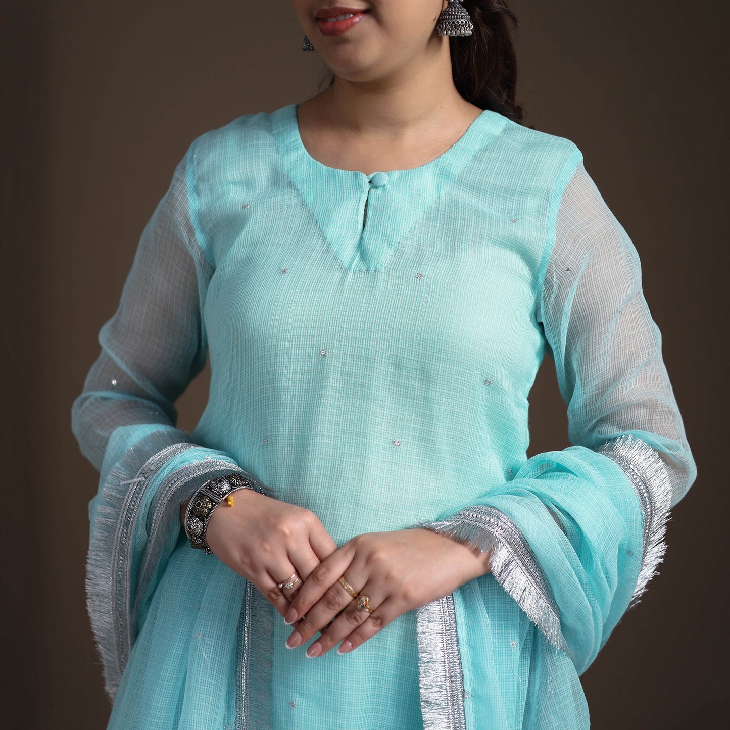 Sequin Work Plain Kota Doria Cotton Suit Set with Lace Work Dupatta for Women 19