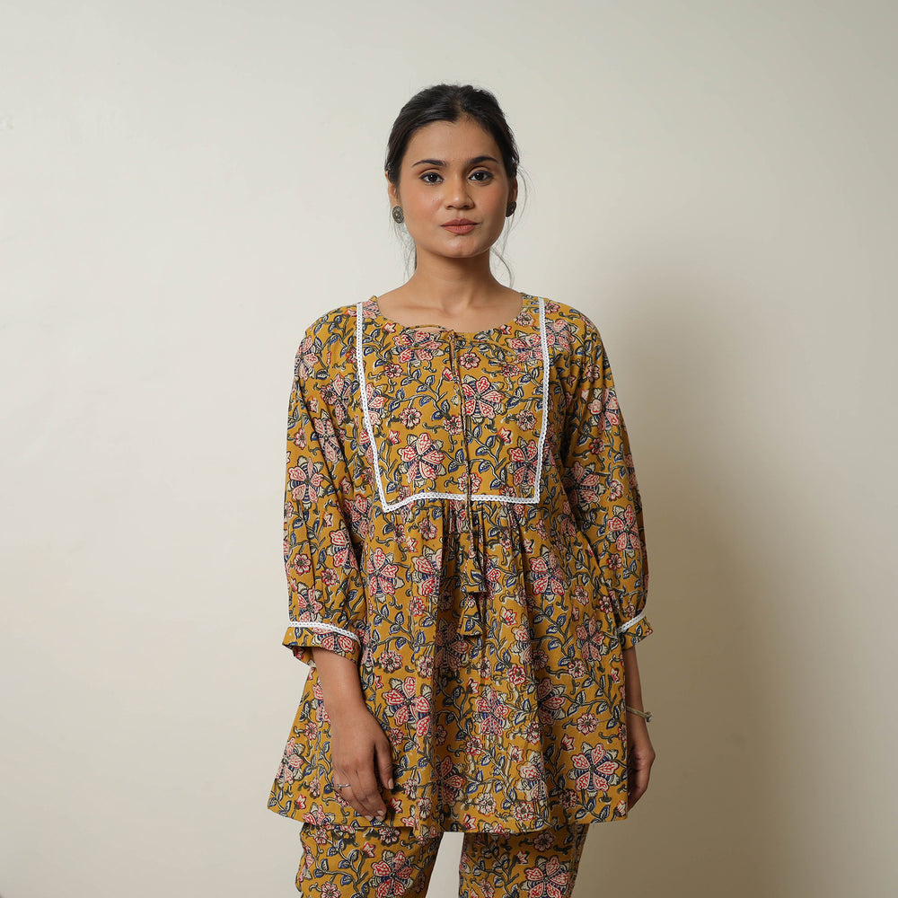 Yellow - Block Printed Cotton Bagru Co-Ord Set with Lace Work 15