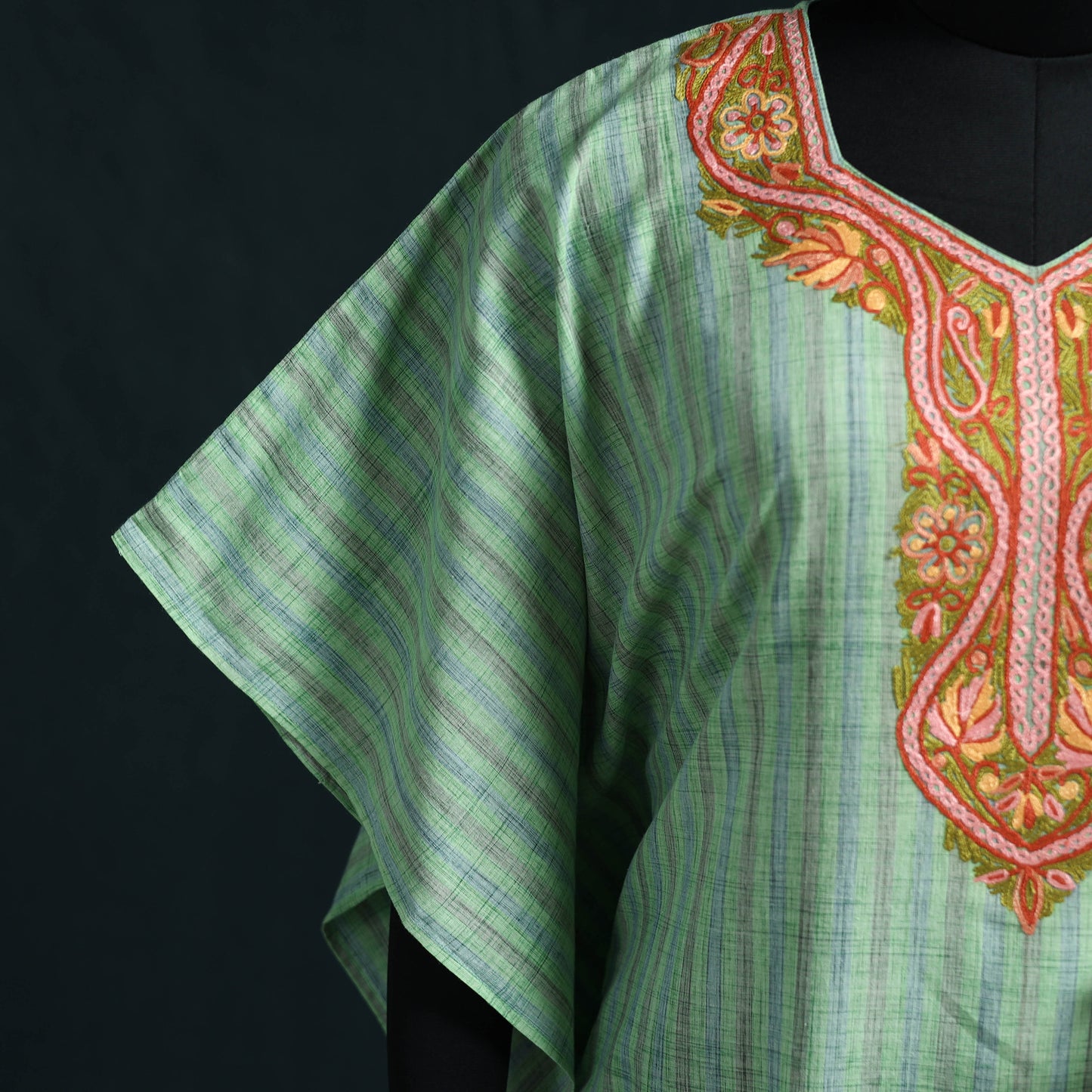 Green - Kashmiri Aari Hand Embroidered Cotton Kaftan (Long) 39