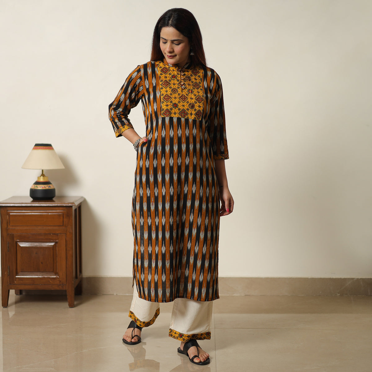 Multicolor - Pochampally Ikat Weave Cotton Kurta with Palazzo & Dupatta Set 02