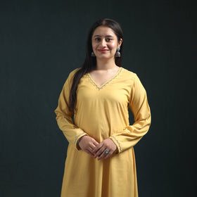 Yellow - plain banana fiber soft cotton bead work a-line kurta with palazzo set for women