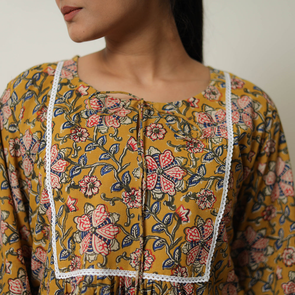 Yellow - Block Printed Cotton Bagru Co-Ord Set with Lace Work 15