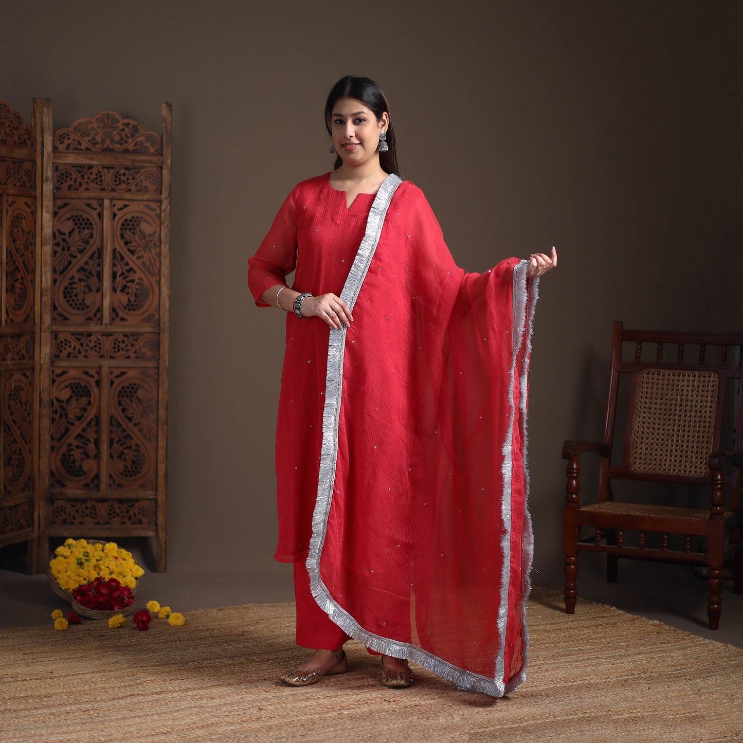 Sequin Work Plain Kota Doria Cotton Suit Set with Lace Work Dupatta for Women 16