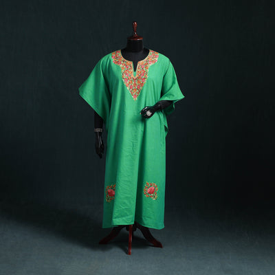 Green - Kashmiri Aari Hand Embroidered Cotton Kaftan (Long) 40