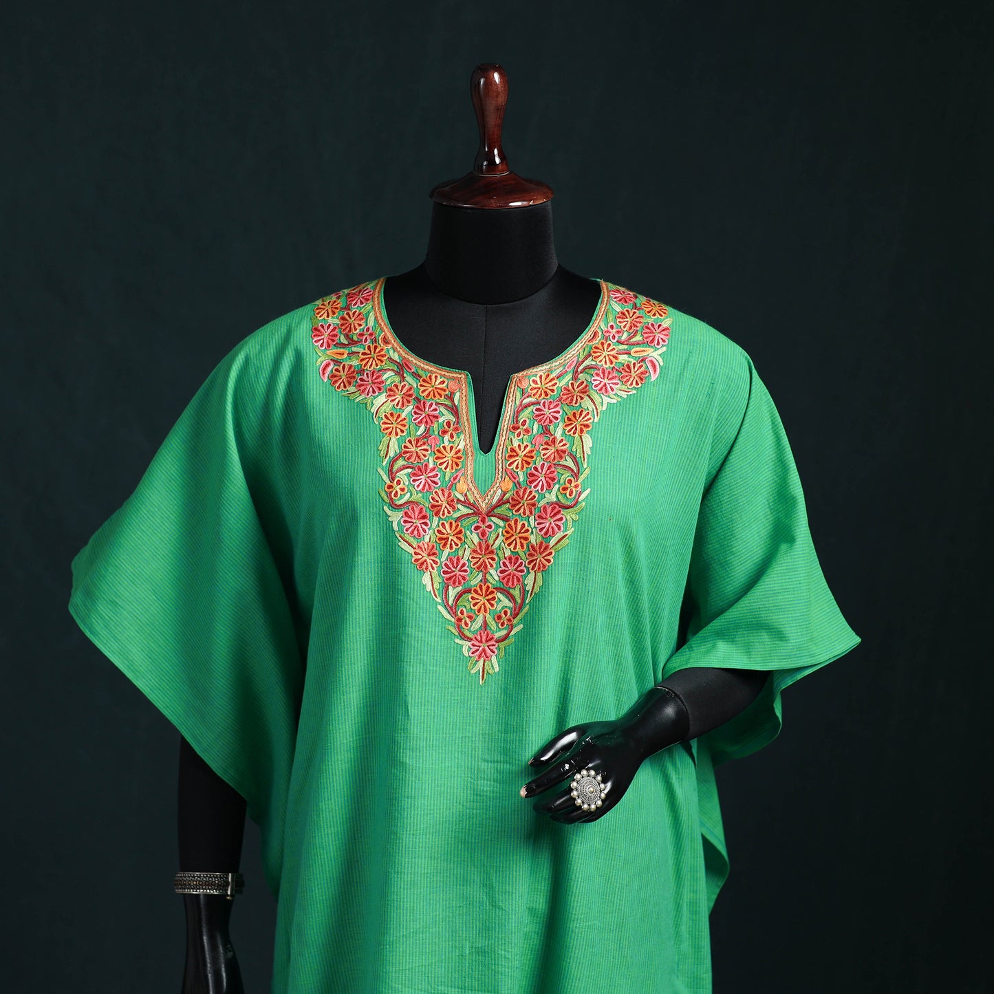 Green - Kashmiri Aari Hand Embroidered Cotton Kaftan (Long) 40