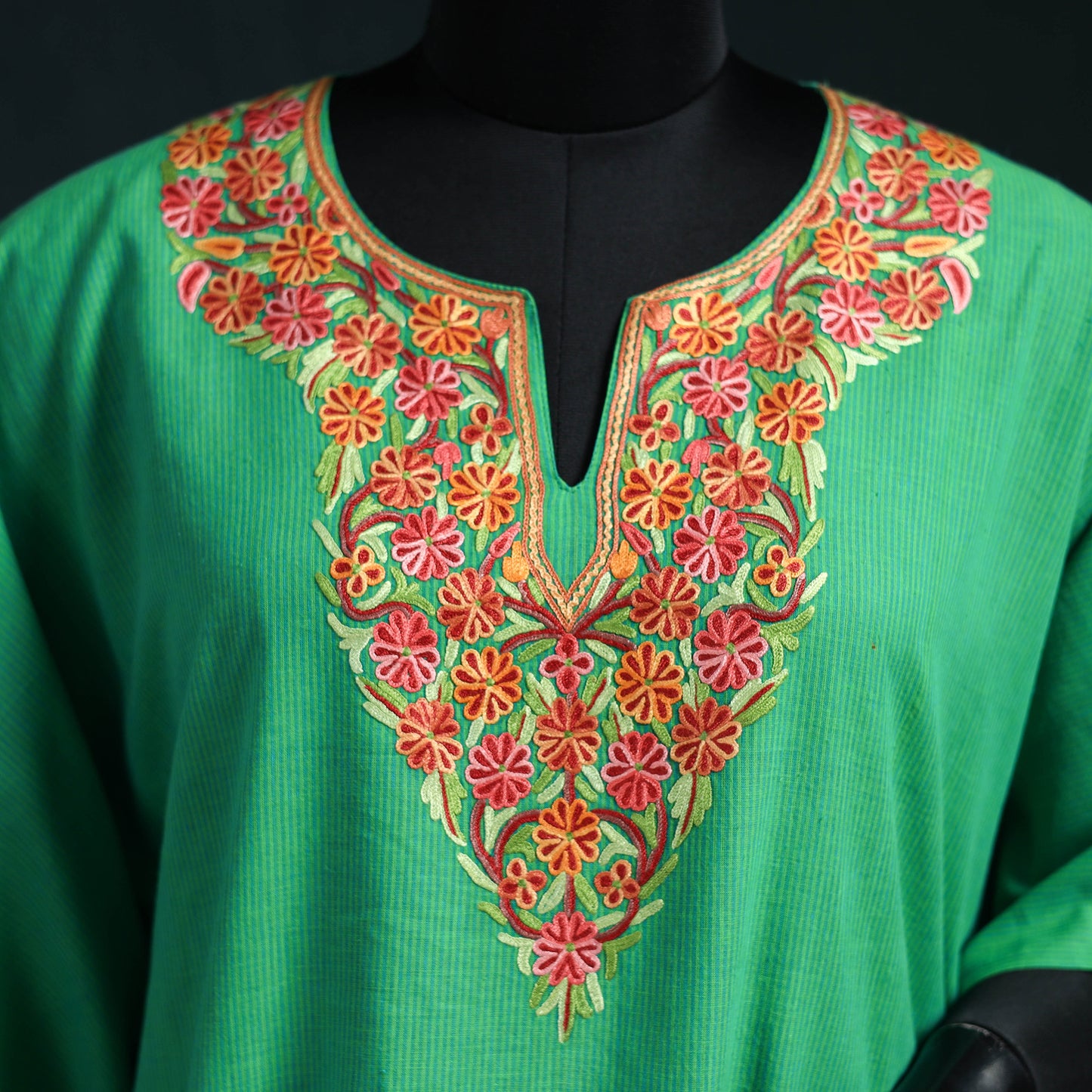 Green - Kashmiri Aari Hand Embroidered Cotton Kaftan (Long) 40