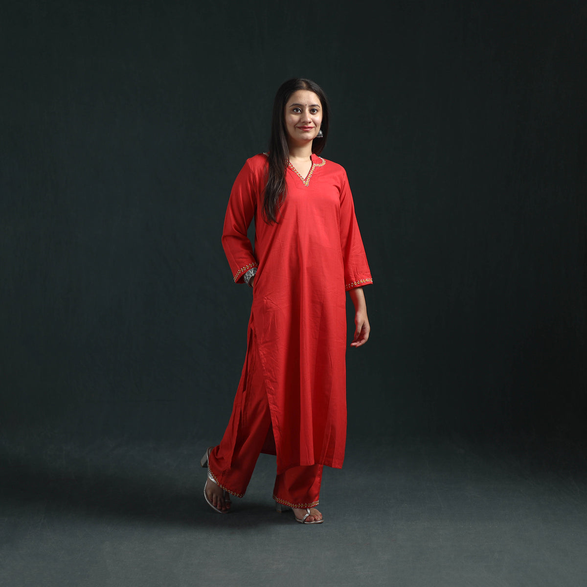 Red - plain banana fiber soft cotton bead work straight kurta with palazzo set for women