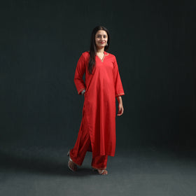 Red - plain banana fiber soft cotton bead work straight kurta with palazzo set for women