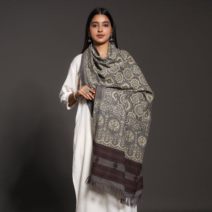 Grey - Kutch Traditional Ajrakh Block Printed Handwoven Pure Wool Shawl