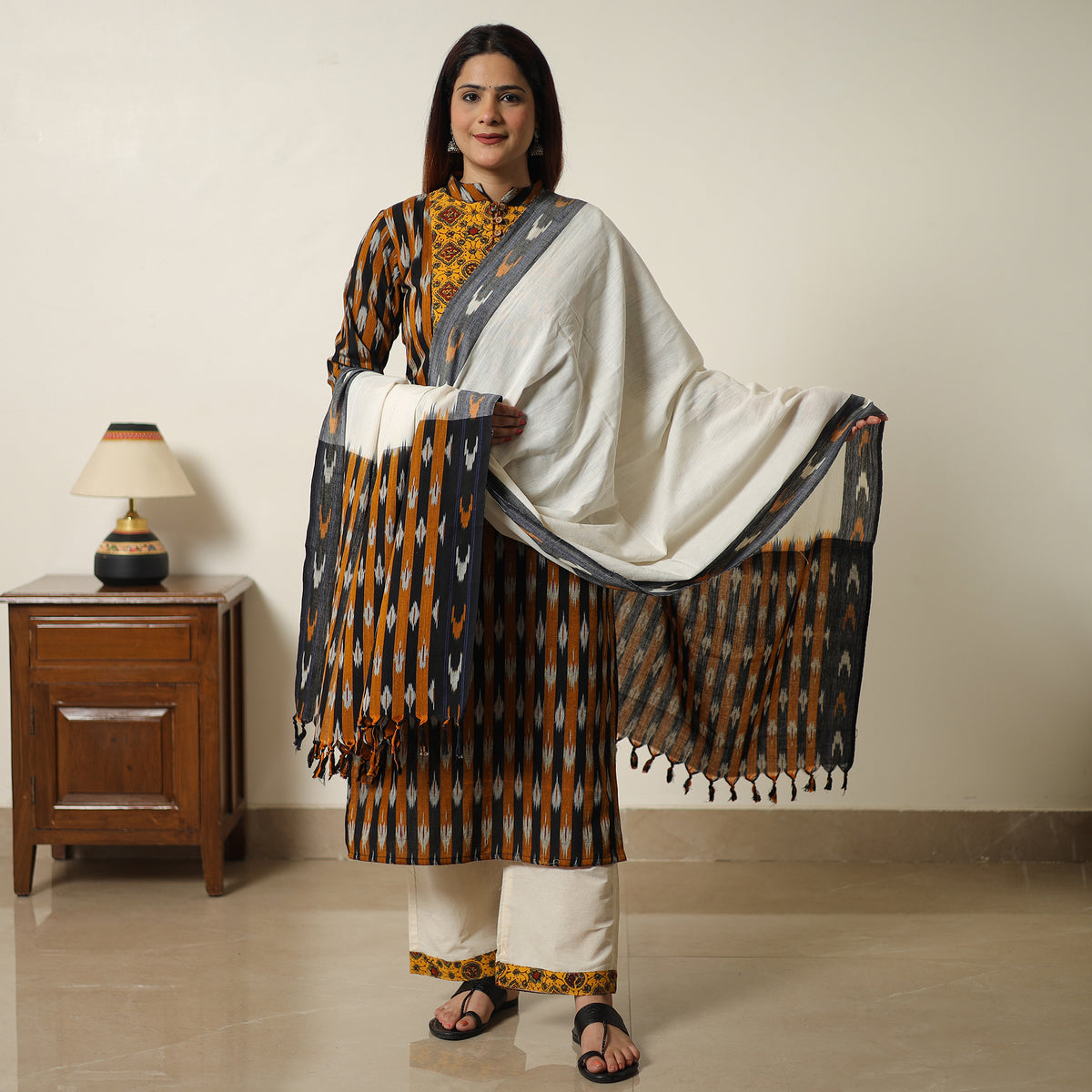 Multicolor - Pochampally Ikat Weave Cotton Kurta with Palazzo & Dupatta Set 02