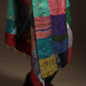 Multicolor - Bengal Hand Embroidery Patchwork Reversible Silk Kantha Dupatta 98