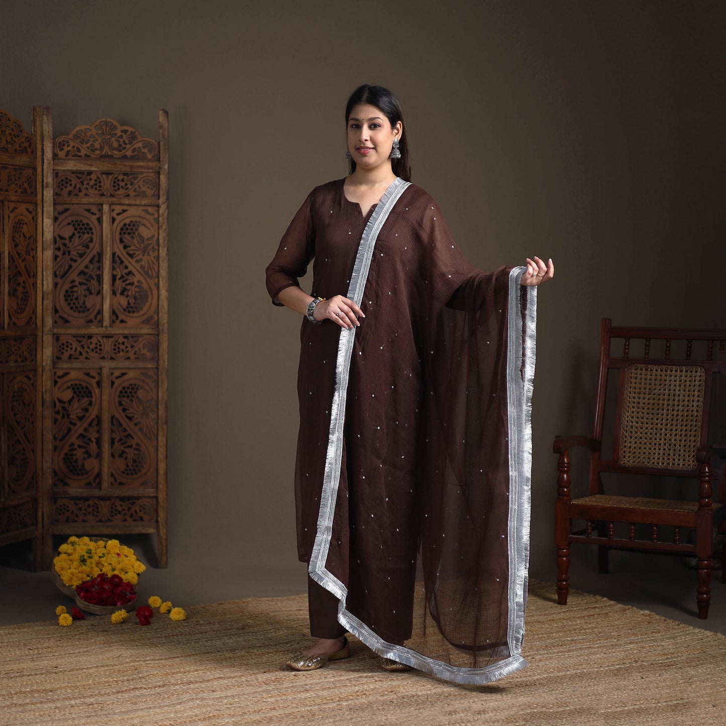 Sequin Work Plain Kota Doria Cotton Suit Set with Lace Work Dupatta for Women 14