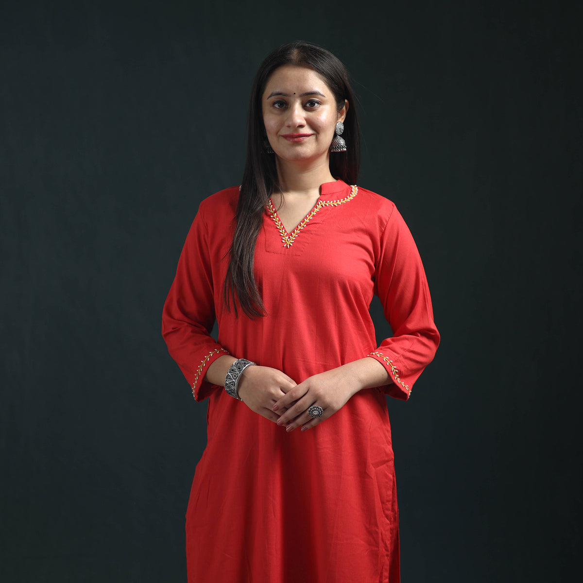 Red - plain banana fiber soft cotton bead work straight kurta with palazzo set for women