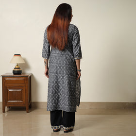 Grey - Pochampally Ikat Weave Cotton Kurta with Palazzo & Dupatta Set 04