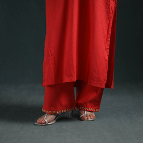 Red - plain banana fiber soft cotton bead work straight kurta with palazzo set for women