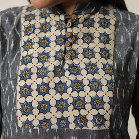 Grey - Pochampally Ikat Weave Cotton Kurta with Palazzo & Dupatta Set 04