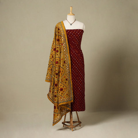 Maroon 2pc Unstitched Bandhani Dress Material with Jewellery Set