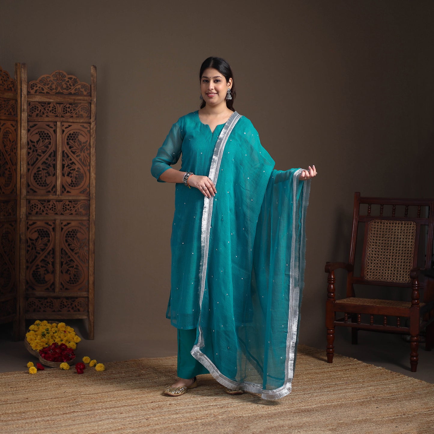 Sequin Work Plain Kota Doria Cotton Suit Set with Lace Work Dupatta for Women 13