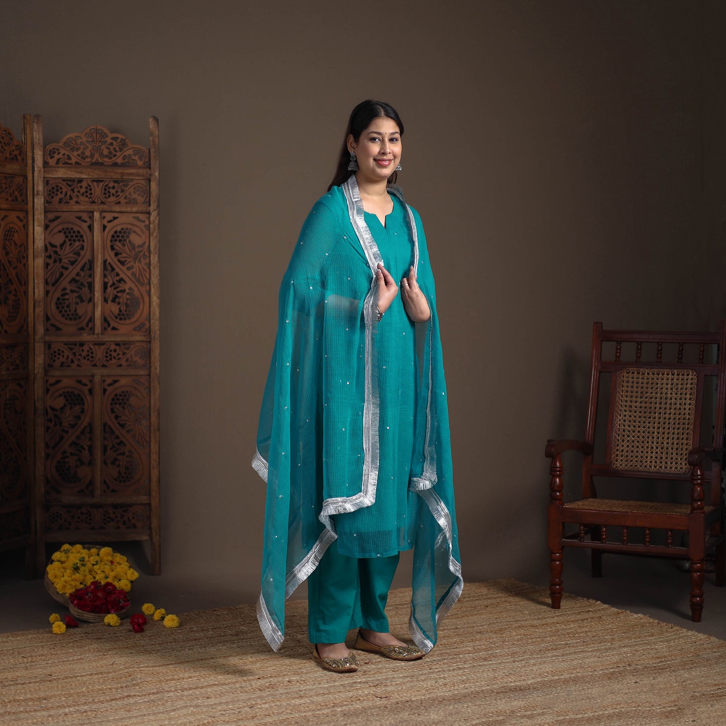 Sequin Work Plain Kota Doria Cotton Suit Set with Lace Work Dupatta for Women 13
