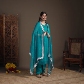 Sequin Work Plain Kota Doria Cotton Suit Set with Lace Work Dupatta for Women 13