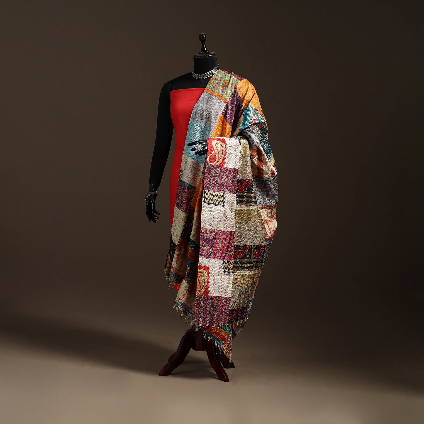 Multicolor - Bengal Hand Embroidery Patchwork Reversible Silk Kantha Dupatta 100