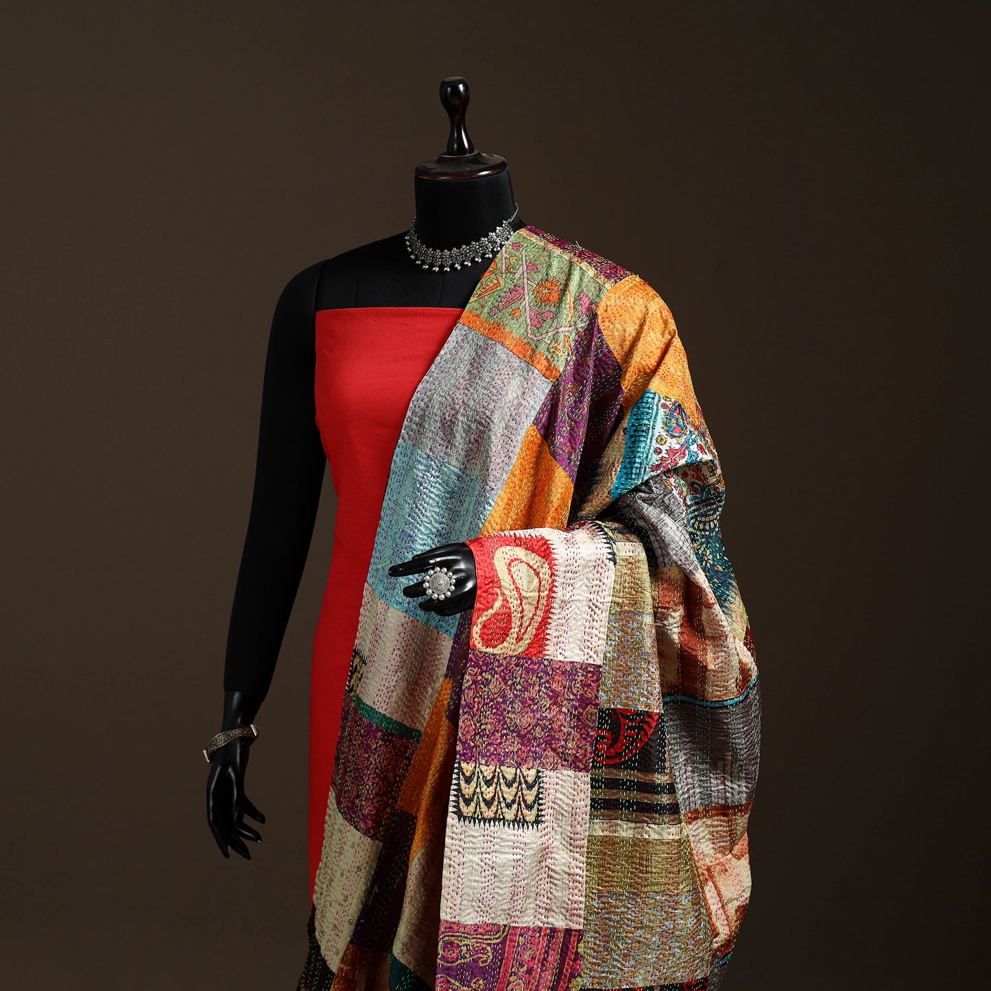 Multicolor - Bengal Hand Embroidery Patchwork Reversible Silk Kantha Dupatta 100