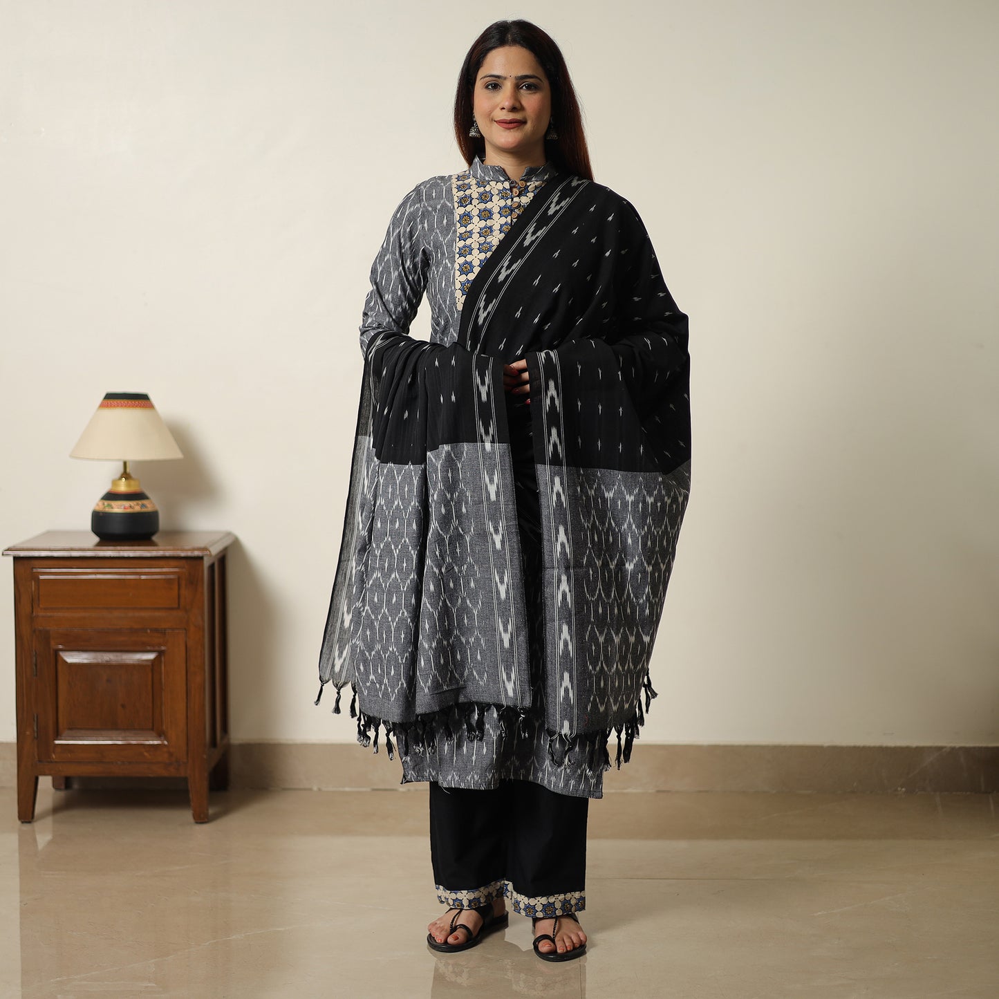 Grey - Pochampally Ikat Weave Cotton Kurta with Palazzo & Dupatta Set 04