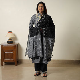 Grey - Pochampally Ikat Weave Cotton Kurta with Palazzo & Dupatta Set 04