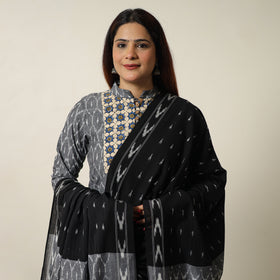 Grey - Pochampally Ikat Weave Cotton Kurta with Palazzo & Dupatta Set 04